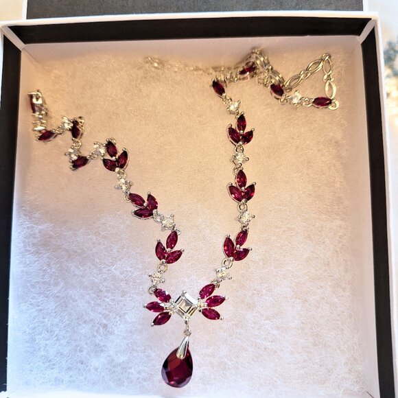 Sterling Silver 925 Red Ruby & White Sapphire Necklace - Picture 3 of 4